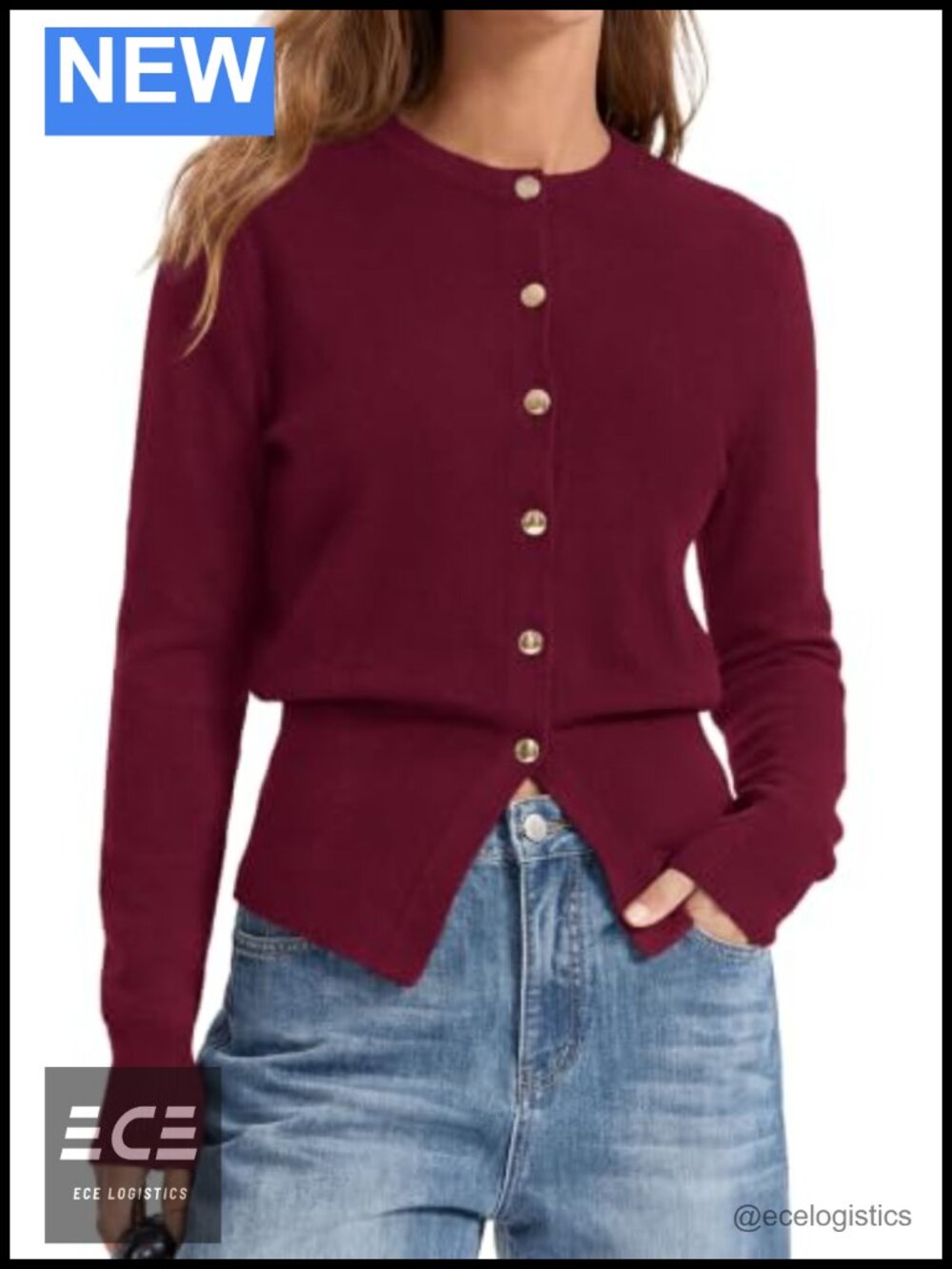 Women's Soft Knit Button Cardigan Long Sleeve Crew Neck Fitted Sweater